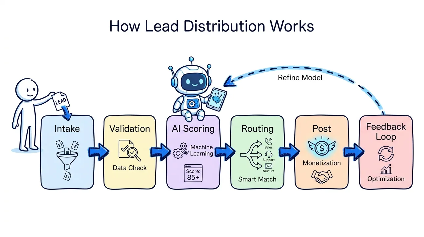 How lead distribution software works, shown through a six-step napkin diagram from intake to feedback loop with lead scoring