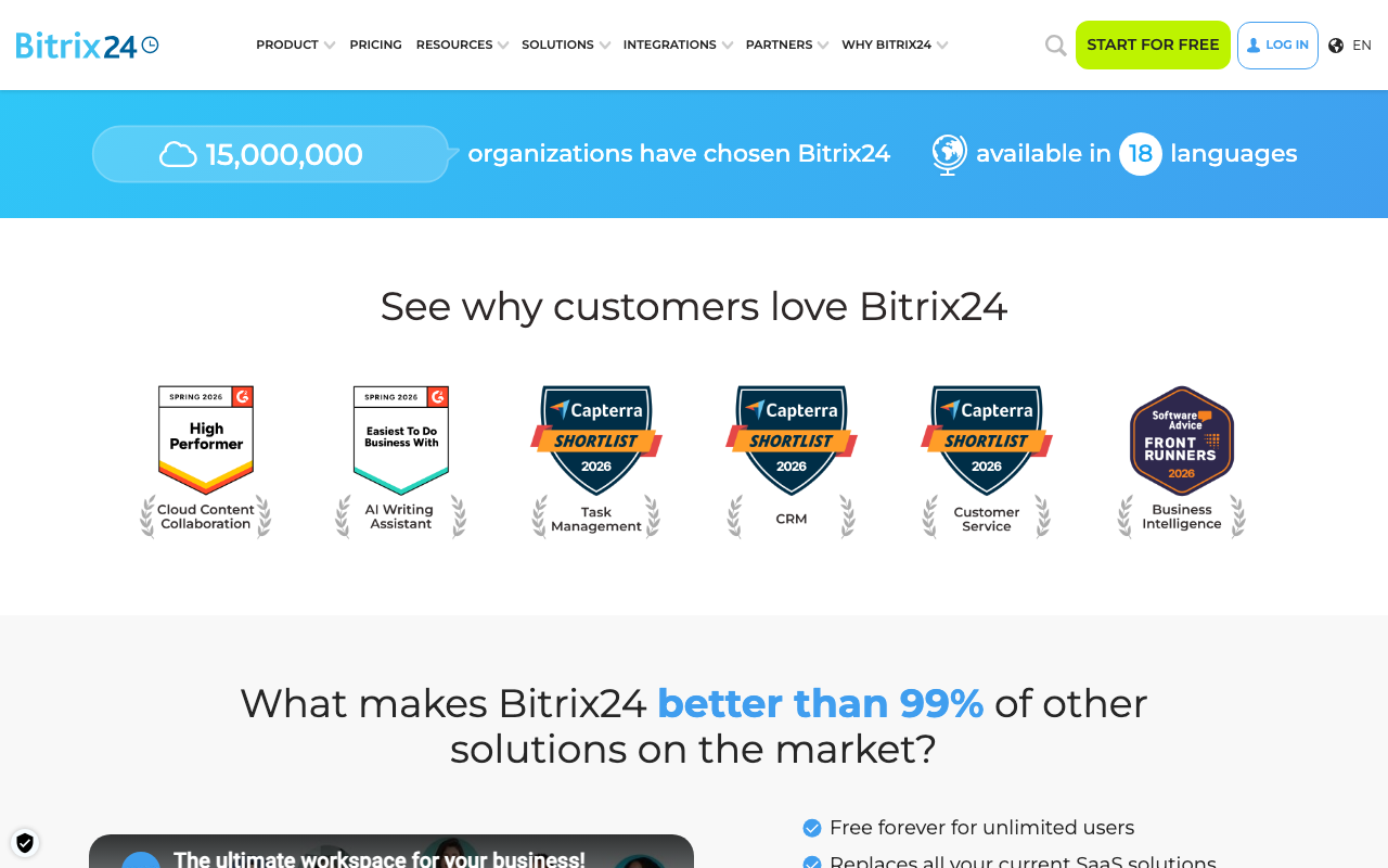 Bitrix24 homepage, CRM and collaboration platform