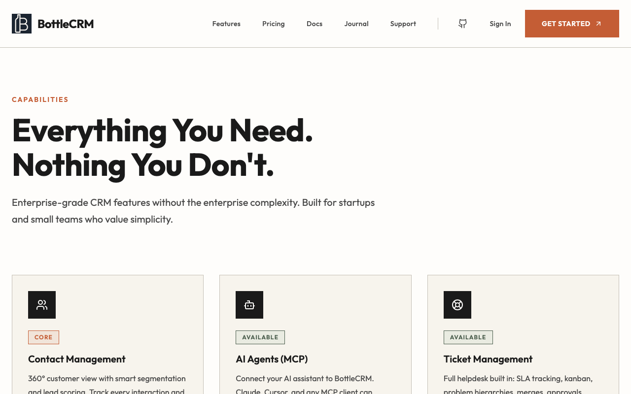 BottleCRM homepage, open source CRM for startups
