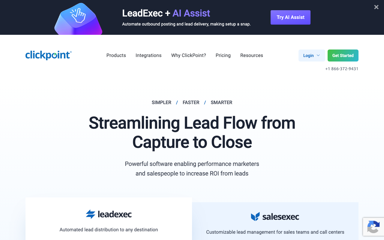 ClickPoint Software homepage, LeadExec lead distribution platform