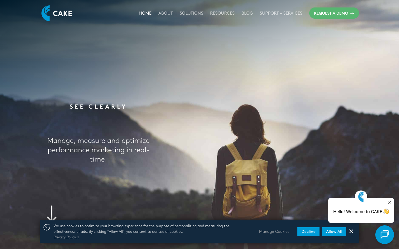 CAKE homepage, performance marketing platform