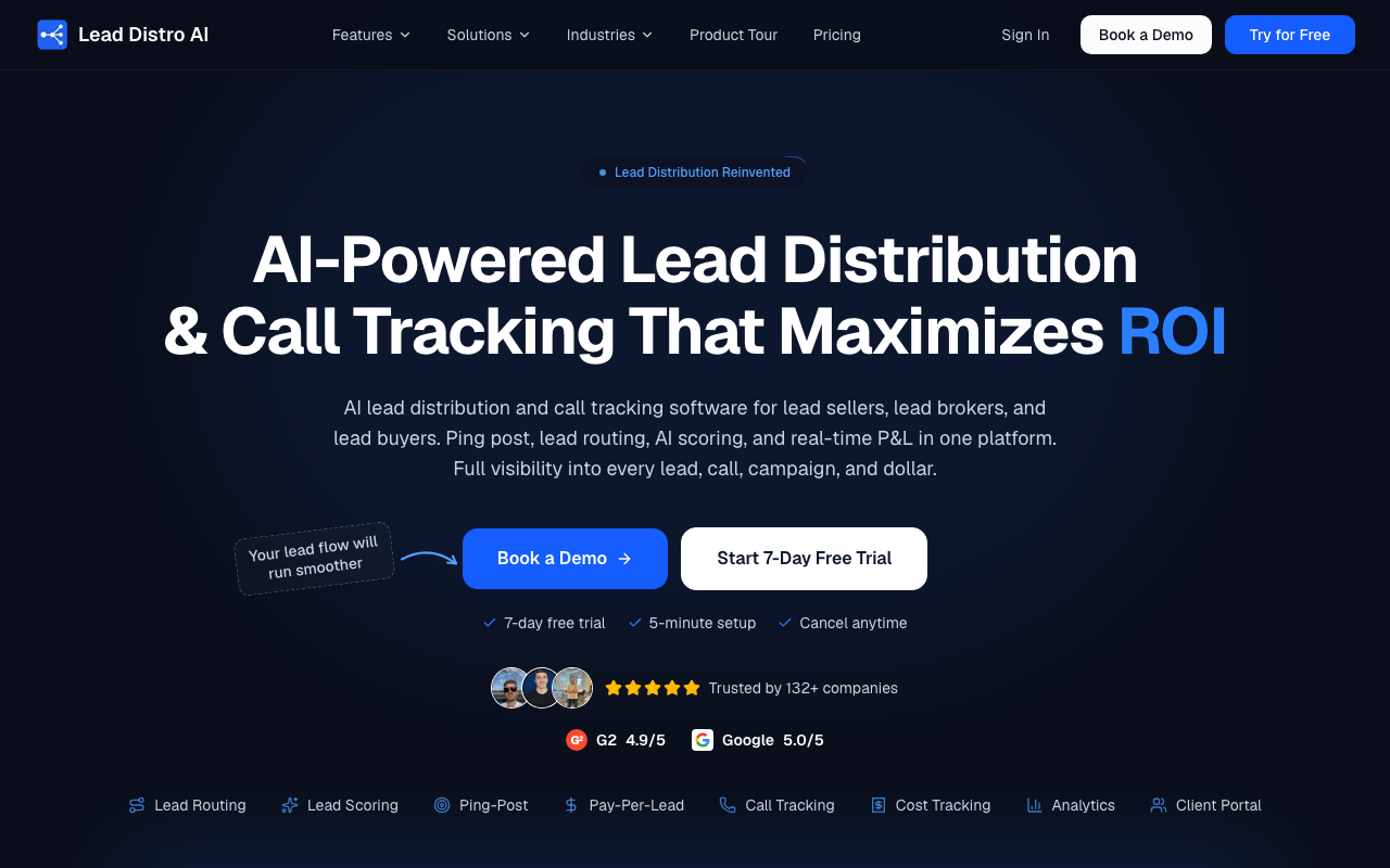 Lead Distro AI homepage, AI-powered lead distribution and rule-based call scoring platform